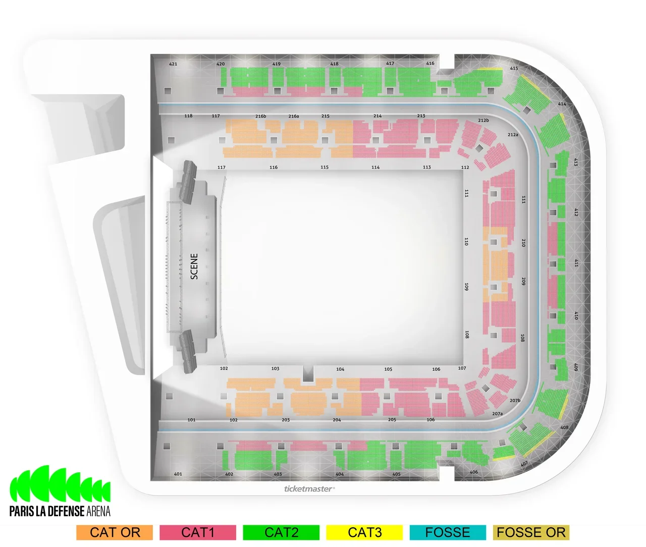 Paris La Défense Arena seating map — Céline Dion 2026